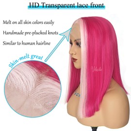 VCHIDO Ombre Pink Short Bob Lace Front Wig 14Inch 13x3.5 Glueless HD Transparent Lace Front Wig Skunk Stripe Hot Pink Synthetic Lace Frontal Wig