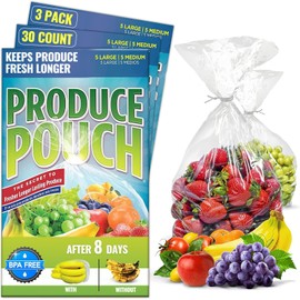 Produce Pouch 30-Pack (15M, 15L) - Extend Shelf Life, Reusable Produce Bags For Refrigerator, Keeps Fruits, Vegetables & Herbs Fresh Longer, Reusable Vegetable Bags with Twist-Ties