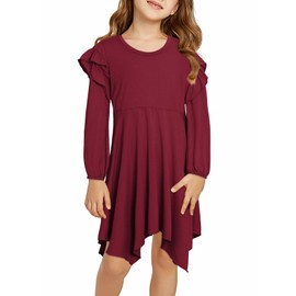 blibean Girls Long Sleeve Dress Tween Fall Boho Puff Dresses Cute Tiered Elastic Cuff High Low Ruffle Outfit Swing Clothes Midi Kid Solid Clothing Size 14-16 Years Old Burgundy Red