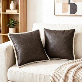 CaliTime Throw Pillow Covers Pack of 2 Faux Shearling Stitching Edges Soft Leather Cushion Cases for Couch Sofa Home Decoration 18 X 18 Inches Coffee