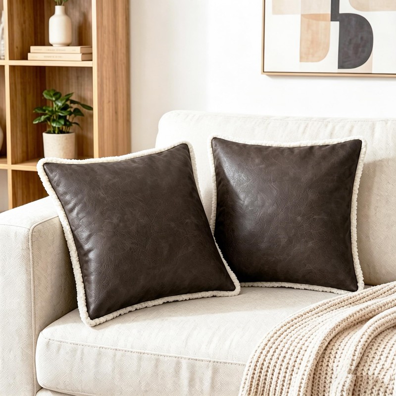 CaliTime Throw Pillow Covers Pack of 2 Faux Shearling Stitching