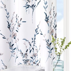 MYSKY HOME Blue and White Floral Curtains 84 Inch Long Leaf Pattern Grommet Drapes for Living Room Bedroom Dining Room, 52" Wide, 2 Panels, Navy Blue