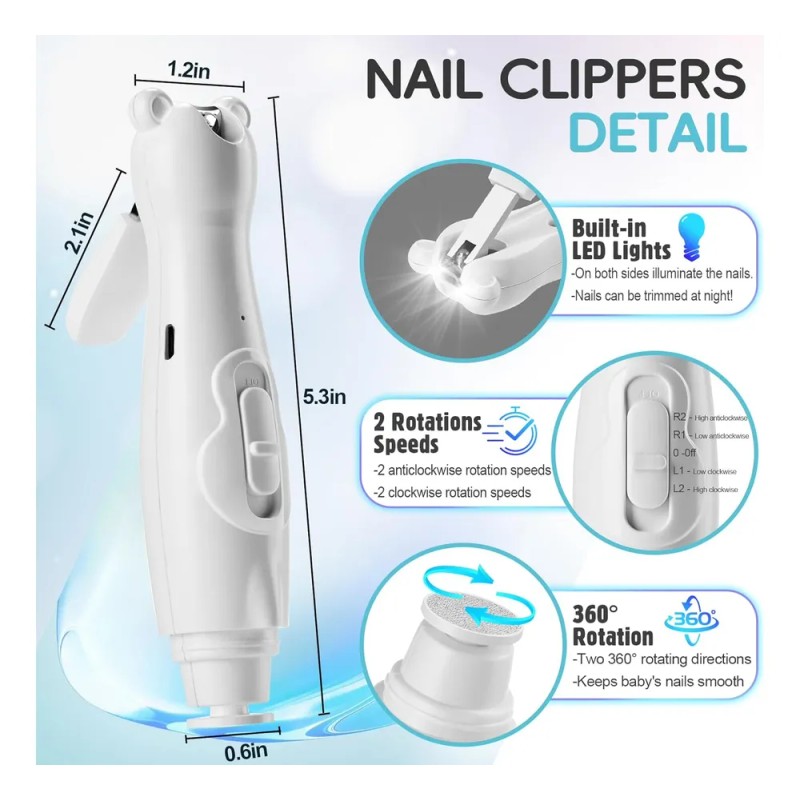 Kit Limador Uñas Cortaúñas Para Bebe Eléctrico Luz Led