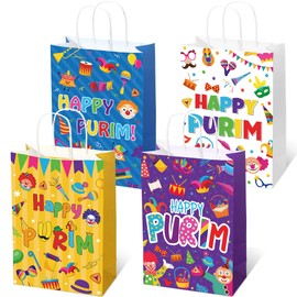 Sinload Sinload 24 Pcs Purim Gift Bag Bulk 4 Design Happy Purim Multicolored Print Gift Bags with Paper Handles, Happy Purim Reusable Gift Bags Treat Goodie Bags for Holidays