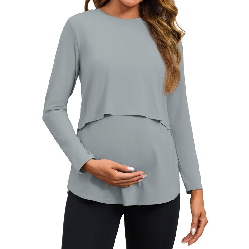 Tankaneo Womens Maternity Nursing Tops Casual Long Sleeve Double Layer