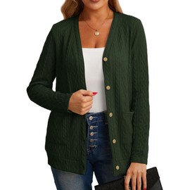 GRECERELLE Women's Cardigan Women's Elegant Twisted Cardigan for Autumn with Buttons, V-Neck and Practical Pockets, Thin and Stylish, Army Green