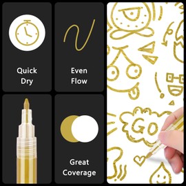 SFAIH Acrylic Gold Paint Pens - 8 Pack 2-3MM Medium Tip & 0.7MM Extra Fine White Paint Marker for Rock Painting, Wood, Metal, Fabric, Plastic, Canvas, Glass, Ceramic, Diy Crafts
