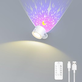 LED Wall Sconces with Remote, 3 Color Temps Rechargeable Wall Lights with Star Projection Light, 360°Rotation Dimmable Cordless Wall Mounted Lights LED Night Lights for Bedroom Kids Room (White)