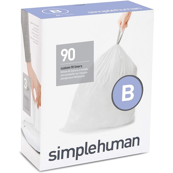 simplehuman Code B Custom Fit Drawstring Trash Bags, 6 Liter / 1.6 Gallon, White, 90 Pack