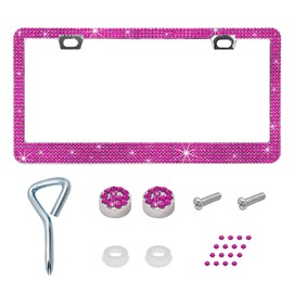 Ziciner Bling License Plate Frame, Sparkly License Plate Tag Cover with Multifaceted Rhinestones, Stainless Steel Crystal License Plate Holder, Universal Exterior Car Accessories (Pink, 1PCS)