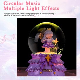 Snow Globe for Girls, 80MM Glass Snow Globe Music Box with Color Changing LED Lights and Automatic Snowflakes, Christmas Birthday Gift for Kids Granddaughter (Pink)