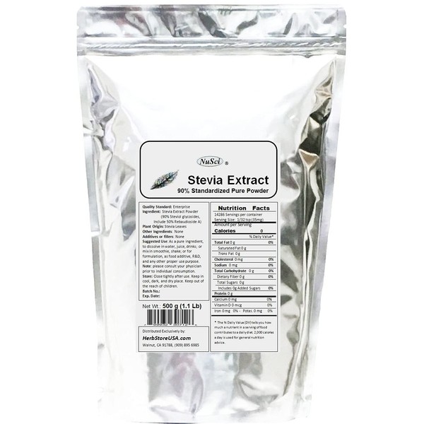 NuSci Stevia Extract Powder 500g (1.1 lb) Standardized 90% total steviol glycosides, 250 times sweeter than sugar