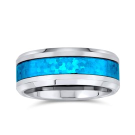 Simulated Blue Opal Inlay Couples Titanium Wedding Band Ring for Men for Women Silver Tone 8MM