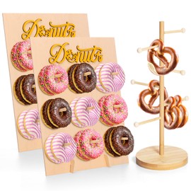 Mkway 2 Pcs Donut Wall Display Stand + 1 Pcs Pretzel Holder Stand, Reusable Donut Display Board for Dessert Table Decoration, Wooden Donut Holder Stand for Baby Shower Party Wedding Birthday