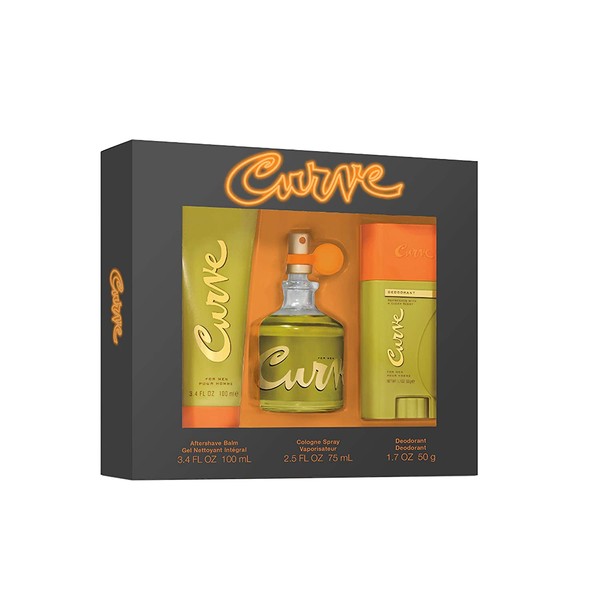 Curve Curve for Men, Men's Fragrance 3 Piece Gift Set, 2.5 Fl. Oz. Eau De Cologne, 3 Count, aftershave/deodorant