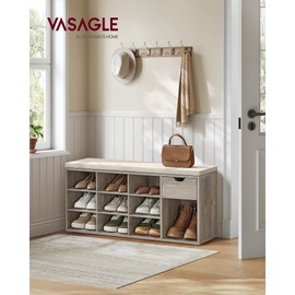 VASAGLE Storage Bench, Entryway Bench with Cushion, Drawer and Open Compartments, Bench with Storage, for Living Room, Bedroom, Closet, Heather Greige and Cappuccino Beige ULHS024K02