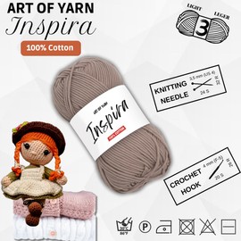 Art of Yarn 100% Cotton Mercerized Yarn Fine, Soft, Fino 2 for Crochet, Knitting, Baby Blankets, and Crafts 50g (1.76 oz), 185 yds, Perfect for Amigurumi Knitting (99234, Inspira-Pack 1)