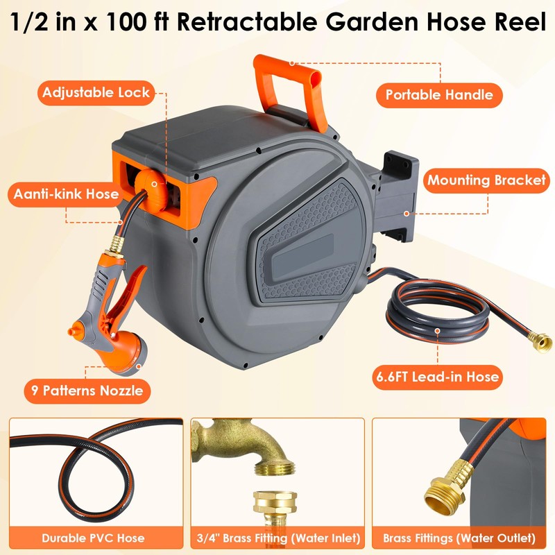 TLGREEN Retractable Garden Hose Reel, 1/2in x 100 ft Water