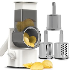 Rotary Cheese Grater Vegetable Shredder with Enlarge Veggie Entrance Easy Clean Round Kitchen Mandoline Slicer Grater for Nuts, Vegetable, Chocolate, Cheese - 3 Stainless Steel Blade Types