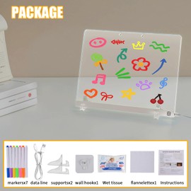 LED Doodle Glow Note Board 13.7"X10" – Light Up Acrylic Dry Erase Message Drawing with 7 Colors, Dynamic Modes, 7 Pens, Invisible Stands, Hanging Kit – Fun Whiteboard for Home, Office, Kitchen