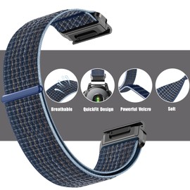 Niboow Nylon QuickFit 26 mm Strap for Garmin Fenix 8 51 mm/Fenix 7X Pro Solar/Fenix 7X/Fenix 6X GPS/Fenix 6X Pro/Fenix 5X, Velcro Watch Straps for Garmin Enduro 3/Epix 2 Pro 51 mm - Blue
