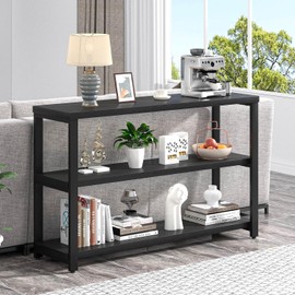 EXCEFUR Industrial Entryway Table, 3 Tier Console Table for Living Room, Wood Sofa Table for Hallway Behind Couch (47 Inch, Modern Black)