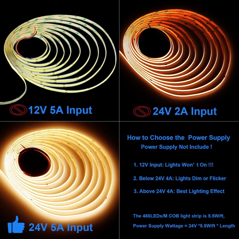 JOYLIT 24V COB LED Strip Lights 16.4ft 3000K Warm White