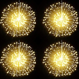 Starburst String Lights Christmas Lights,198 LED 8 Modes Dimmable with Remote Control, Waterproof Copper Wire Decorative Hanging Starburst Lights for Party Patio Garden Decoration (Warm White, 4PC)