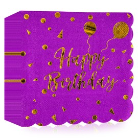 40 PCS Happy Birthday Purple and Gold Napkins,6.5x6.5 Inch Scalloped Edges Dessert Napkins for Anniversary Graduation Wedding Birthday Party Decoration