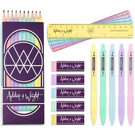 Ashton and Wright - Classic HB Pencils, 15cm Rulers, Erasers, Z-Grip Smooth - Pastel Stationery Set of 25