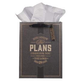 Christian Art Gifts Large Portrait Inspirational Scripture Gift Bag, Tag & Wrapping Tissue Paper Set for Grads: Know the Plans Encouraging Bible Verse, Sturdy Satin Ribbon Handles, Charcoal & Gold