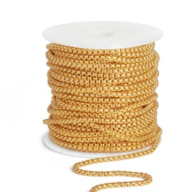 33 Feet 18K Gold Plated Stainless Steel Rolo Box Chain Roll, 3.5mm Wide 304 Stainless Steel Square Rolo Link Chains Spool Bulk for Jewelry Making