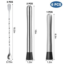 10" & 8" Cocktail Muddlers, Stainless Steel Muddler with 3 Pcs 10 inch Mixing Spoon for Lemonade Mojitos Fruit Drinks