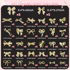 32 Styles160 Pcs Metal Golden Bow Nail Charms, 3D Alloy Bow Bowkont Nail Charms, Golden Bows Nail Charms for Acrylic Nails, Gold Bows Nail Art Charms, Bow Nail Charms Jewelry for Nails DIY Y2K