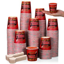 Teenyyou 400 Pcs 5 oz Chili Cook off Party Decorations Mini Chili Cook off Tasting Cups Disposable Sample Paper Cup Bowls and Wooden Spoons for Competition Prizes Party Cooking Supplies(Red)