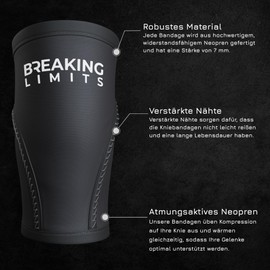 BREAKING LIMITS Knee Braces - Knee Support, Knee Support for Strength Sports, Gym - Breathable Compression Bandage for Knee Pain / Joint Pain Made of 7 mm Neoprene - 6 Sizes, Black/White (L)