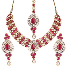 I Jewels Traditional Gold Plated Jewellery Set with Maang Tikka Using Austrian Diamonds for Women IJ250Q (Rani/Dark Pink)