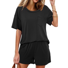 Ekouaer Women's 2 Piece Pajama Sets Short Sleeve Lounge Sets Soft Round Neck Top Shorts Sleepwear Black, X-Large