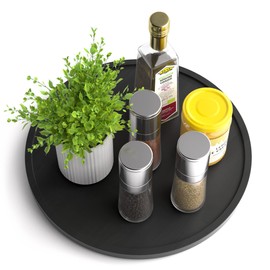 Lazy Susan Organizer Homerays 12 Inch Non-Skid Bamboo Lazy Susan for Kitchen Rotating Spice Rack for Kitchen Cabinet, Wood Turntable for Kitchen Countertop Organizer Black