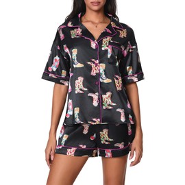 Yiulangde Silk Satin Pjs For Women Y2k Floral Print Pajamas Set 2 Piece Lounge Set Short Sleeve Shirts And Shorts Pajama Sets, Cowboy Boots-black, Large
