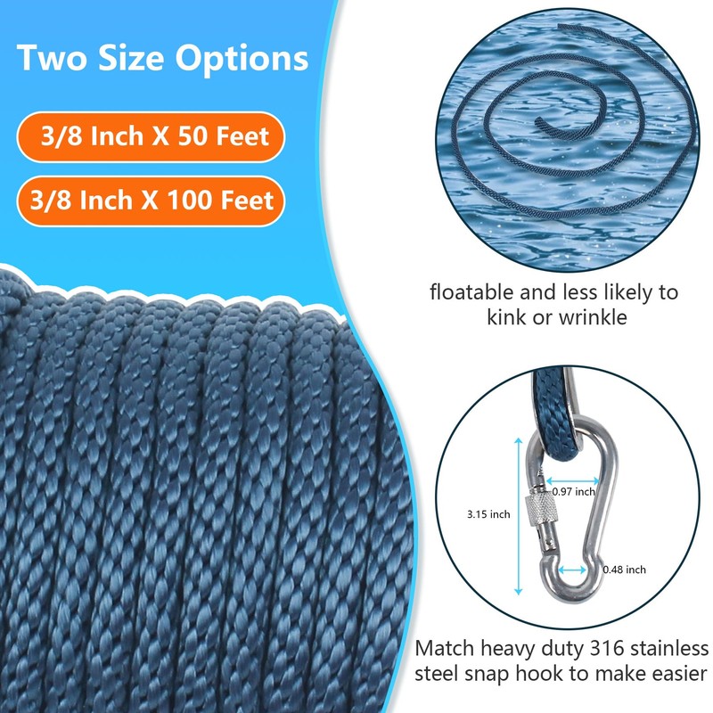 3/8 Inch 100 FT Anchor Rope, Boat Anchor Rope Solid