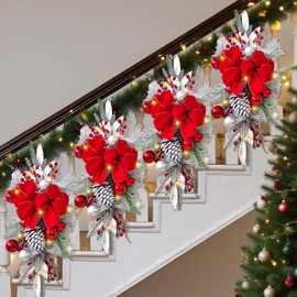 1 Pcs Christmas Swags Teardrop 24" Prelit Cordless Stair Decorations with Lights Artificial Christmas Garland Wreath for Front Door Indoor Outdoor Home Window Decor (Red)