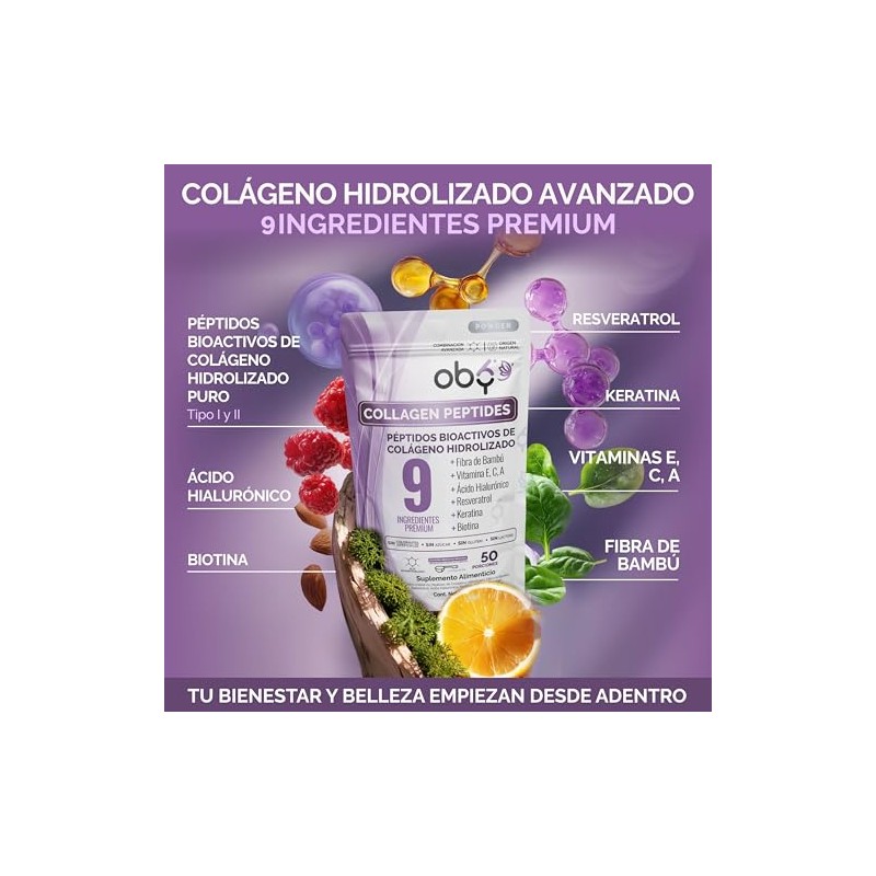 Oby Colágeno Hidrolizado Resveratrol Ácido Hialurónico Polvo 100 Porciones