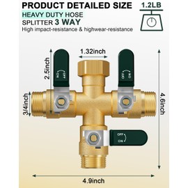 EBH Garden Hose Splitter 3 Way, Heavy Duty Solid Brass Hose Splitter with Shutoff Valves, Water Spigot Splitter With 304 Stainless Steel Handle, Full Flow Outdoor Faucet Splitter, 3/4" GHT Thread