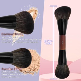 JILIER Double Ended Blush Powder Brush, Duo Bronzer Brush Highlighter, Foundation Contour Brush, for Liquid, Cream, Powder,Blending, Buffing –Premium Bristles, Natural Wood Handle makeup brushes