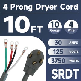 EP 4 Prong Dryer Cord, 10 ft 10/4 SRDT, 30Amp Appliance Extension Power Cord, NEMA 14-30, Grey