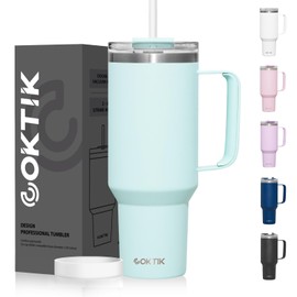 COKTIK 40 oz Tumbler With Handle and Straw Lid, 2-in-1 Lid (Straw/Flip), Vacuum Insulated Travel Mug Stainless Steel Tumbler for Hot and Cold Beverages,Easy to Clean (Seafoam)
