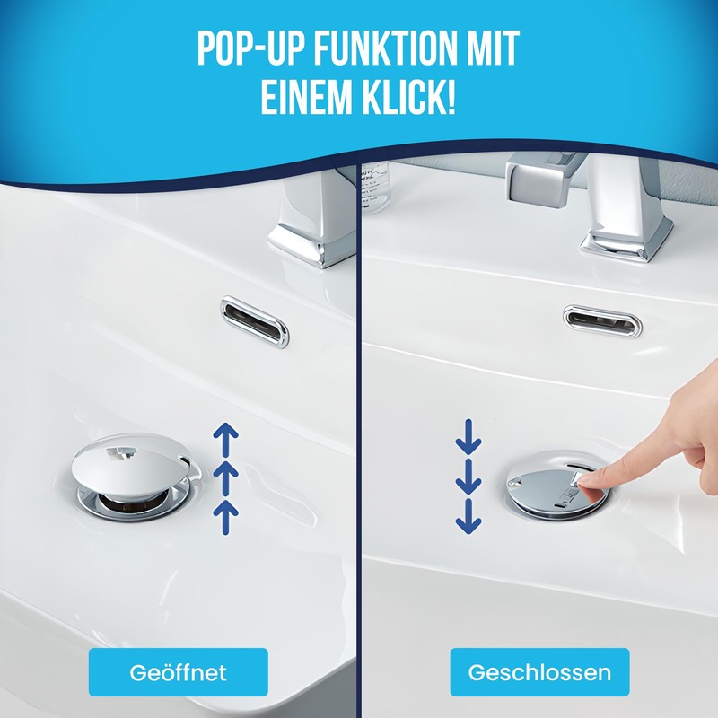 Drain Fitting for Sink with and without Overflow, Click-Clack Valve