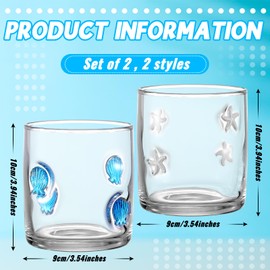Singhoow 2 Pcs 14 oz Icon Juice Glasses Starfish Seashell Glass Cups Drinking Ocean Stemless Wine Glasses Old Fashioned Icon Hand Blown Cocktail Cups Gifts for Summer Home Decor Gifts
