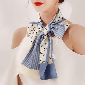 MEISEE 100% Mulberry Silk Scarf for Women 59”*6.3” Long Headscarf Neck Scarf Hair Wraps and Shawls with Gift Packed (White+blue)
